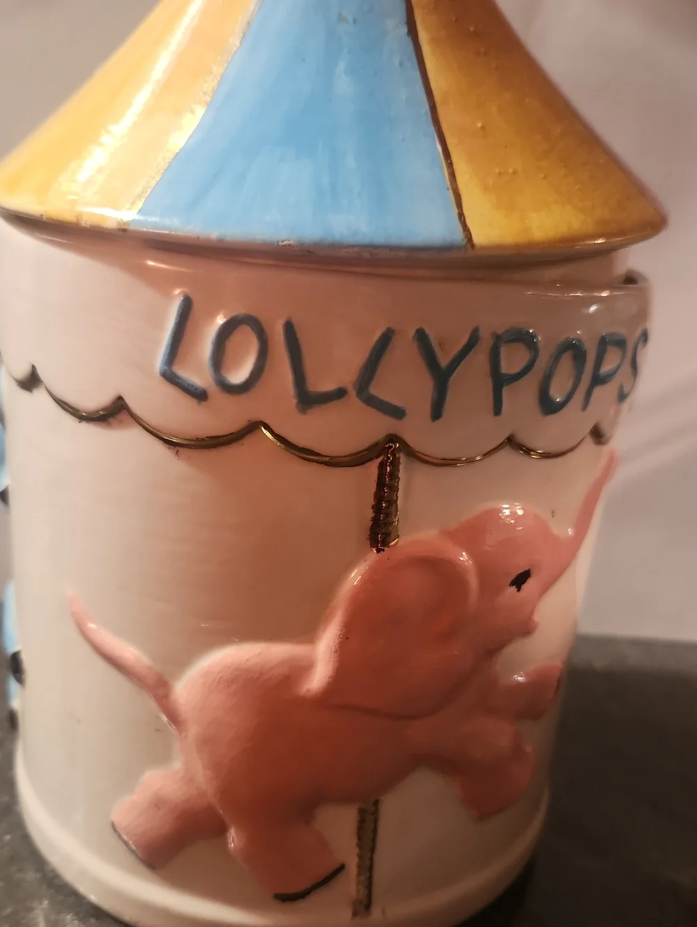 1960's SFA  Pottery Storybook Carousel Elephant Lollypop Canister Signed Millie